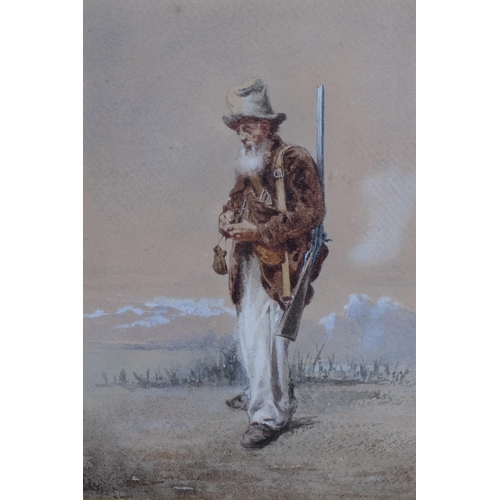 385 - 19th century portrait of an old trapper, watercolour, indistinctly signed, 20cm x 13cm, framed