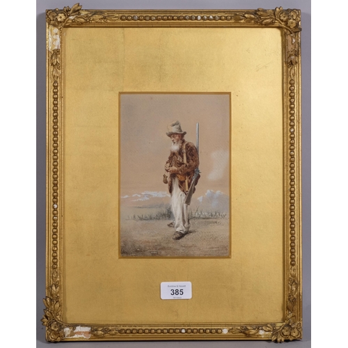 385 - 19th century portrait of an old trapper, watercolour, indistinctly signed, 20cm x 13cm, framed