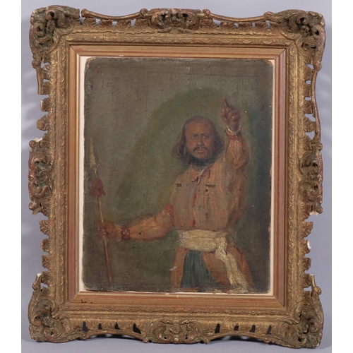 386 - 19th century portrait of a man holding a spear, oil on board, unsigned, 29cm x 23cm, framed