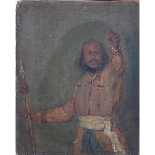 386 - 19th century portrait of a man holding a spear, oil on board, unsigned, 29cm x 23cm, framed