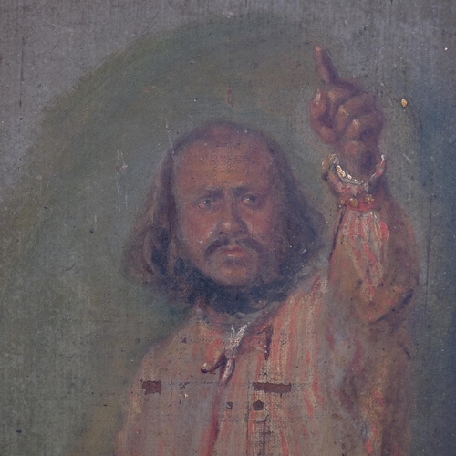 386 - 19th century portrait of a man holding a spear, oil on board, unsigned, 29cm x 23cm, framed