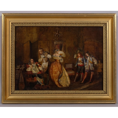 387 - Georgian interior scene, 19th century oil on canvas, unsigned, 23cm x 31cm, framed