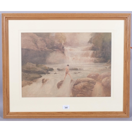 388 - George Gibb, figure by mountain rapids, watercolour, signed, 36cm x 49cm, framed