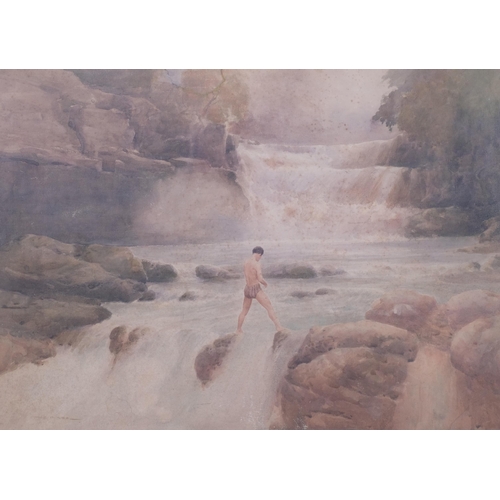 388 - George Gibb, figure by mountain rapids, watercolour, signed, 36cm x 49cm, framed