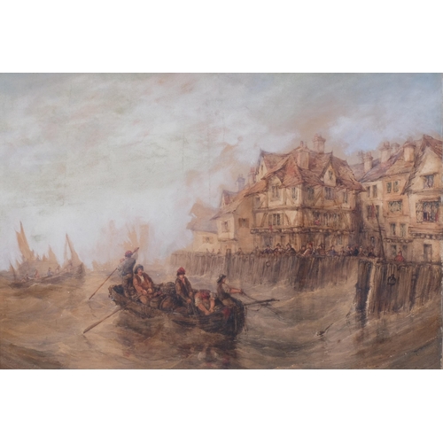 389 - Storm swept Continental harbour scene, 19th century watercolour, unsigned, 48cm x 72cm, framed