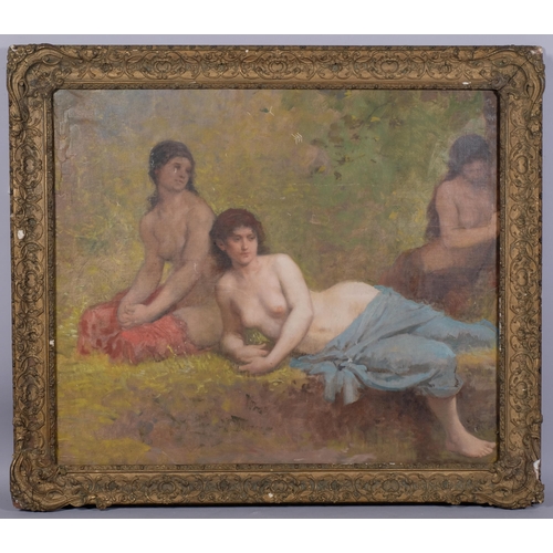 390 - Pre-Raphaelite style study of nude bathers, late 19th century oil on canvas laid on board, unsigned,... 