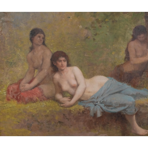 390 - Pre-Raphaelite style study of nude bathers, late 19th century oil on canvas laid on board, unsigned,... 