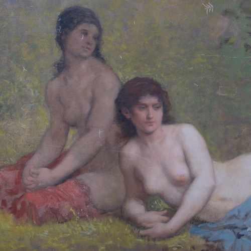 390 - Pre-Raphaelite style study of nude bathers, late 19th century oil on canvas laid on board, unsigned,... 