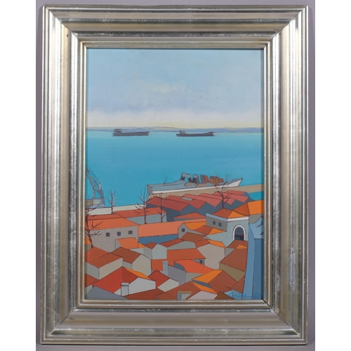 392 - Silva Palmeira (born 1934), Lisborn Harbour from Lapa, oil on canvas, signed with gallery brochure a... 