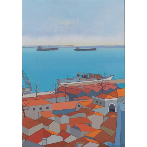 392 - Silva Palmeira (born 1934), Lisborn Harbour from Lapa, oil on canvas, signed with gallery brochure a... 