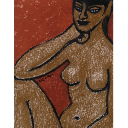 394 - Modernist nude life study, crayon/charcoal on paper, indistinctly signed, 40cm x 30cm, framed