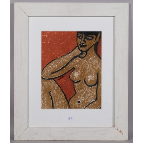 394 - Modernist nude life study, crayon/charcoal on paper, indistinctly signed, 40cm x 30cm, framed