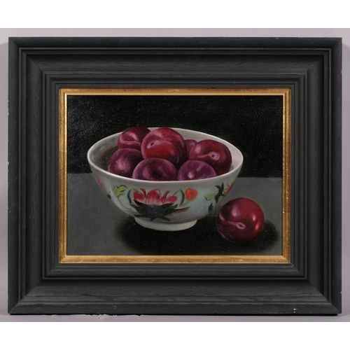 395 - Jacqueline Taber, bowl of plums, oil on board, artist's label verso, 22cm x 30cm, framed