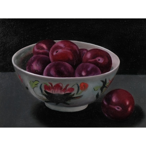 395 - Jacqueline Taber, bowl of plums, oil on board, artist's label verso, 22cm x 30cm, framed