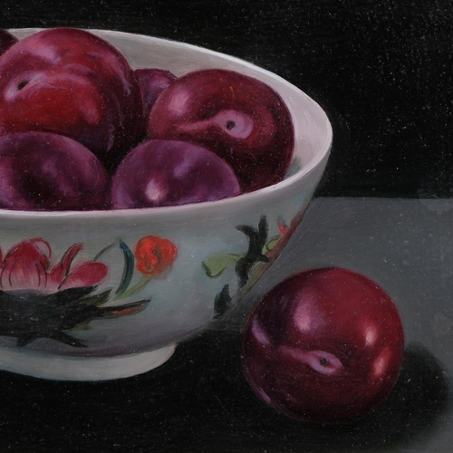 395 - Jacqueline Taber, bowl of plums, oil on board, artist's label verso, 22cm x 30cm, framed