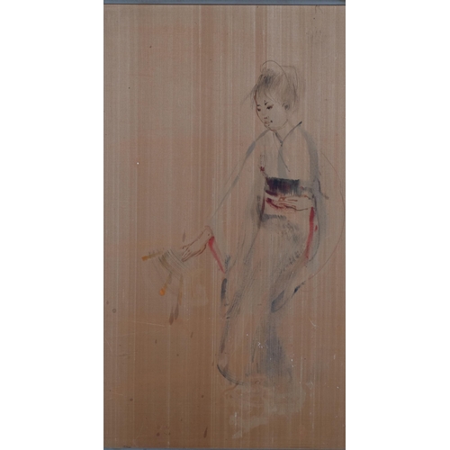 401 - Edna Hibel (1917 - 2014), Japanese portrait, oil on silk laid on board, 39cm x 68cm, framed, provena... 