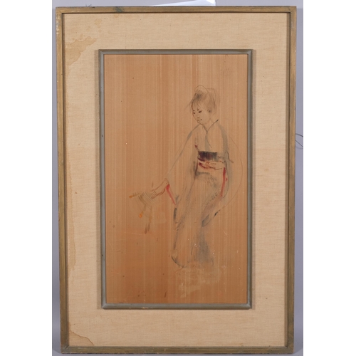 401 - Edna Hibel (1917 - 2014), Japanese portrait, oil on silk laid on board, 39cm x 68cm, framed, provena... 