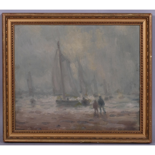 406 - William Mason, misty beach scene, oil on board, signed verso with date 1977, 22cm x 26cm, framed