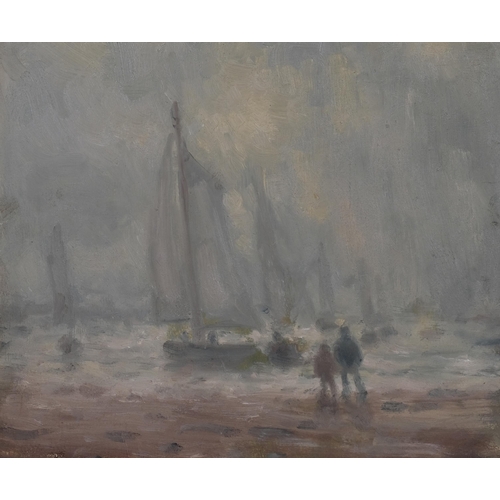 406 - William Mason, misty beach scene, oil on board, signed verso with date 1977, 22cm x 26cm, framed