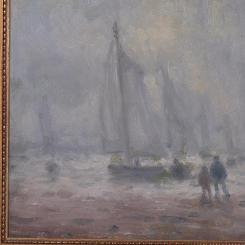 406 - William Mason, misty beach scene, oil on board, signed verso with date 1977, 22cm x 26cm, framed