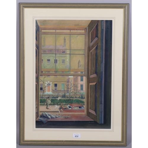 414 - John Blundell, street scene, watercolour, signed with letter verso for the Coleman Prize 1974, 52cm ... 