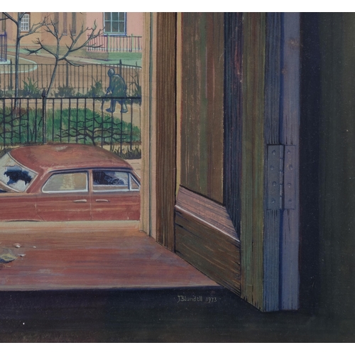 414 - John Blundell, street scene, watercolour, signed with letter verso for the Coleman Prize 1974, 52cm ... 