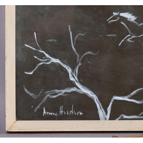 418 - Anne Hudson, running horses, watercolour on black paper, signed, 24cm x 75cm, framed