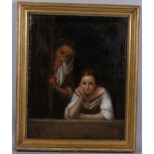 420 - Portrait of 2 girls at a window, 18th/19th century Continental School, unsigned, 71cm x 56cm, framed