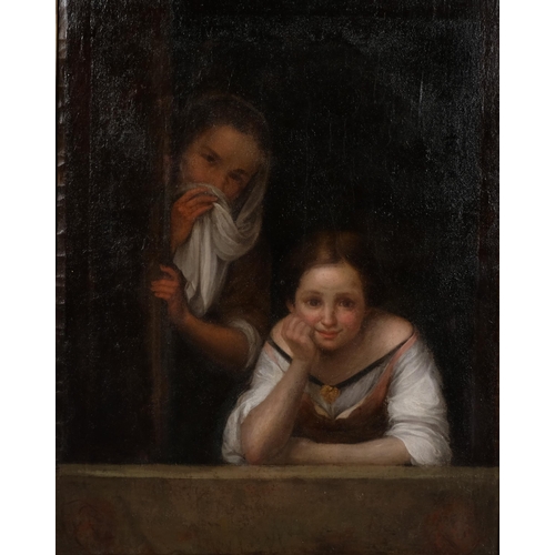 420 - Portrait of 2 girls at a window, 18th/19th century Continental School, unsigned, 71cm x 56cm, framed