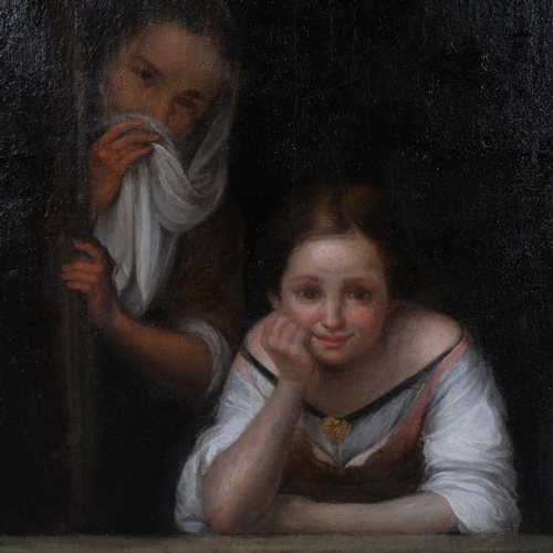 420 - Portrait of 2 girls at a window, 18th/19th century Continental School, unsigned, 71cm x 56cm, framed