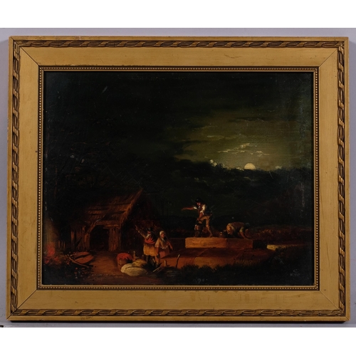 424 - Figures dousing a fire by moonlight, 19th century oil on board, unsigned, 20cm x 25cm, framed