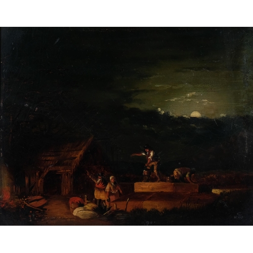 424 - Figures dousing a fire by moonlight, 19th century oil on board, unsigned, 20cm x 25cm, framed