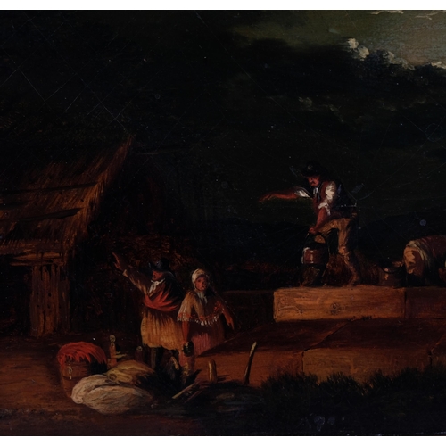 424 - Figures dousing a fire by moonlight, 19th century oil on board, unsigned, 20cm x 25cm, framed