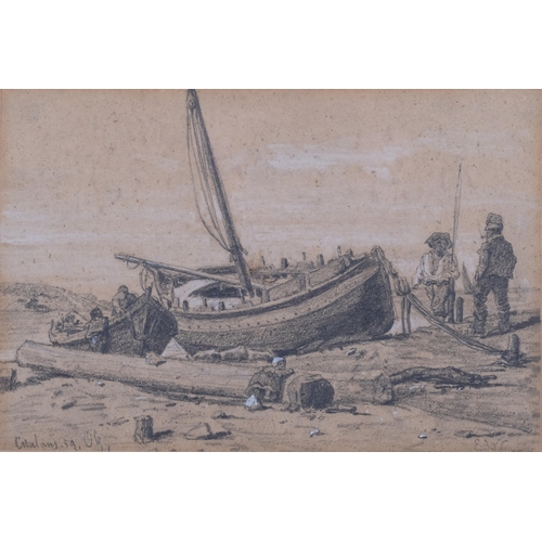 429 - Ebenezer Wake Cook (1843 - 1926), Catalan fishing boats, pencil/chalk on paper, signed with monogram... 