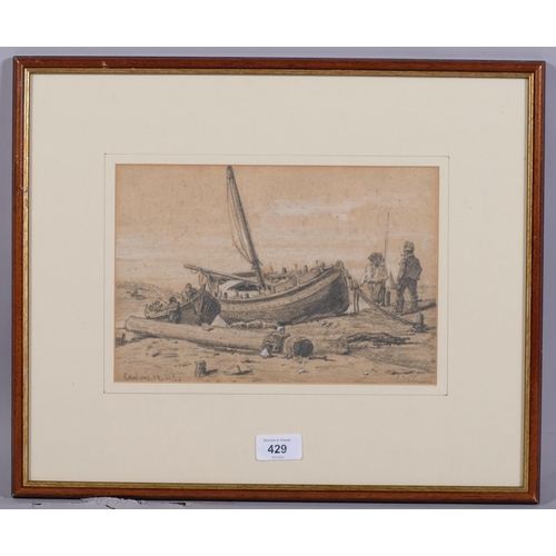 429 - Ebenezer Wake Cook (1843 - 1926), Catalan fishing boats, pencil/chalk on paper, signed with monogram... 