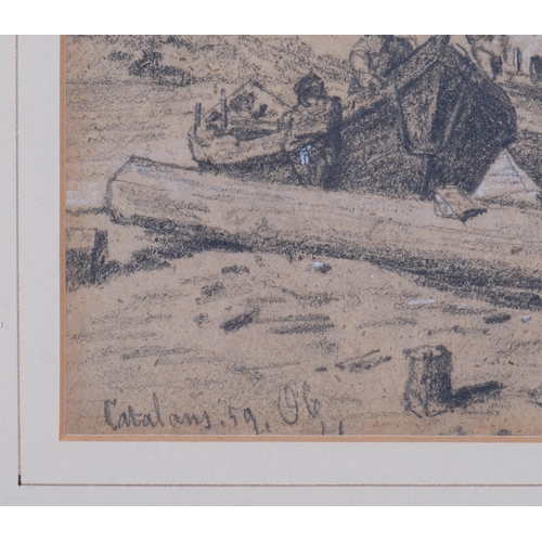 429 - Ebenezer Wake Cook (1843 - 1926), Catalan fishing boats, pencil/chalk on paper, signed with monogram... 