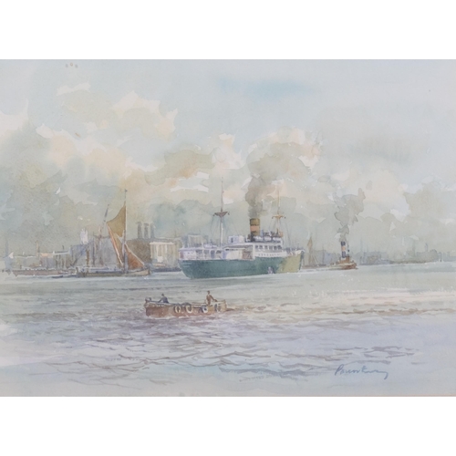 430 - Jack Pountney, Thames docklands scene, watercolour, signed, 27cm x 36cm, framed