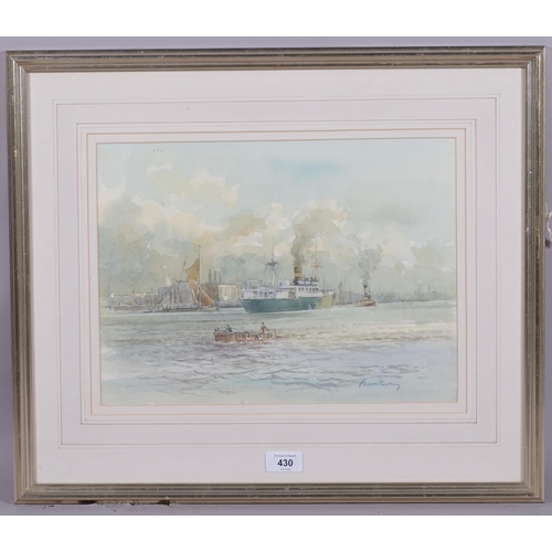 430 - Jack Pountney, Thames docklands scene, watercolour, signed, 27cm x 36cm, framed