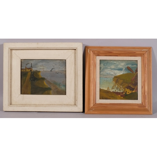 435 - A Clutton, 2 naive coastal views, mid-20th century oils on panel, 18cm x 18cm, framed (2)