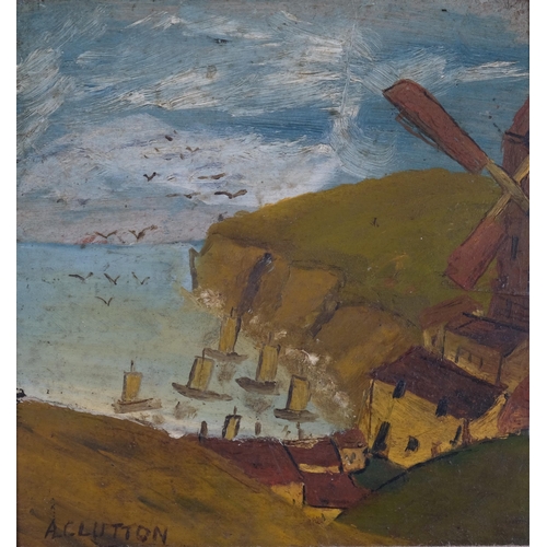 435 - A Clutton, 2 naive coastal views, mid-20th century oils on panel, 18cm x 18cm, framed (2)