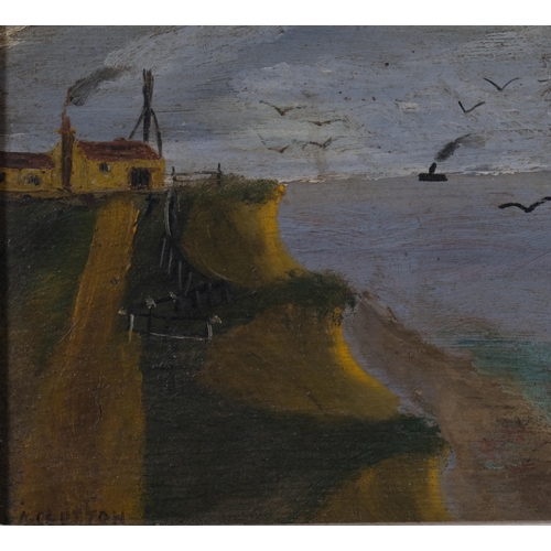 435 - A Clutton, 2 naive coastal views, mid-20th century oils on panel, 18cm x 18cm, framed (2)