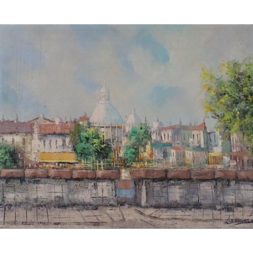 436 - Mid-20th century impressionist Parisian scene, oil on canvas, indistinctly signed, 40cm x 50cm, unfr... 