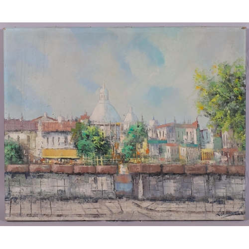 436 - Mid-20th century impressionist Parisian scene, oil on canvas, indistinctly signed, 40cm x 50cm, unfr... 