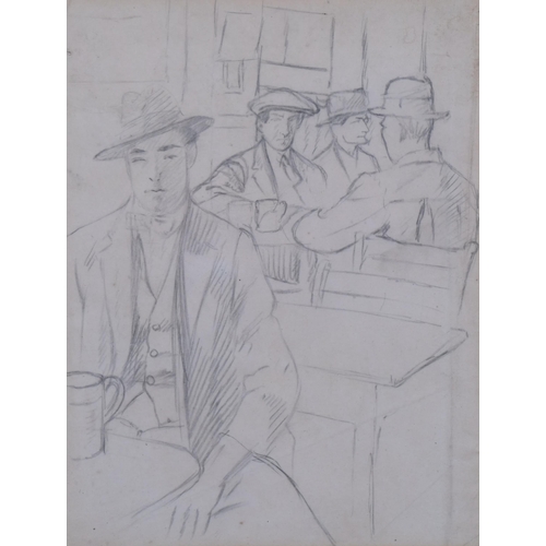 438 - Mid-20th century pub interior scene, pencil sketch, unsigned, 23cm x 18cm, framed