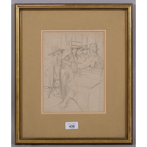 438 - Mid-20th century pub interior scene, pencil sketch, unsigned, 23cm x 18cm, framed