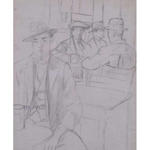 438 - Mid-20th century pub interior scene, pencil sketch, unsigned, 23cm x 18cm, framed