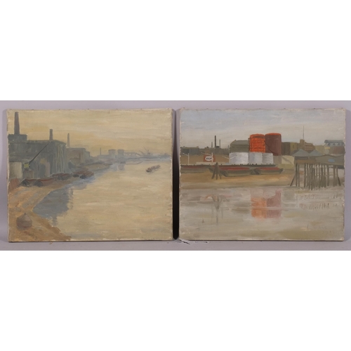 439 - Ivor Johns (1924 - 1993), pair of docklands scenes, oil on canvas, both signed, 41cm x 51cm, unframe... 