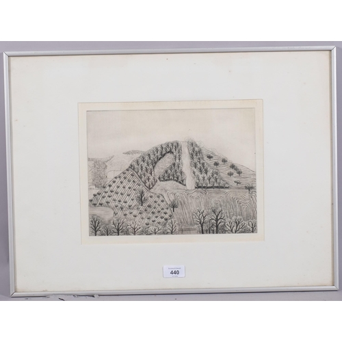 440 - Gladys Anderson, abstract landscape, etching, plate 22cm x 30cm, framed