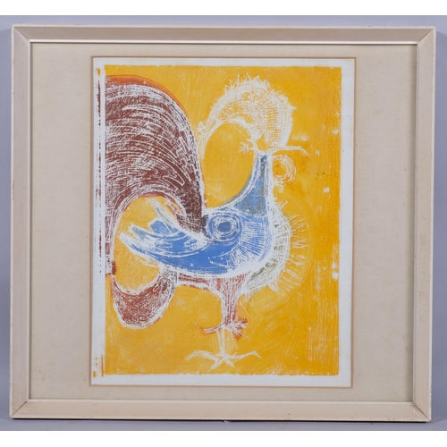 441 - Mid-20th century study of a cockerel, colour monoprint, unsigned, image 41cm x 31cm, framed