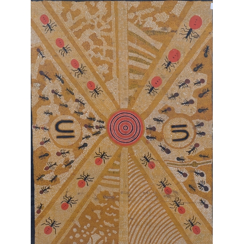 448 - Australian Aboriginal painting on canvas, study of ants, unsigned, 66cm x 88cm, unstretched and unfr... 